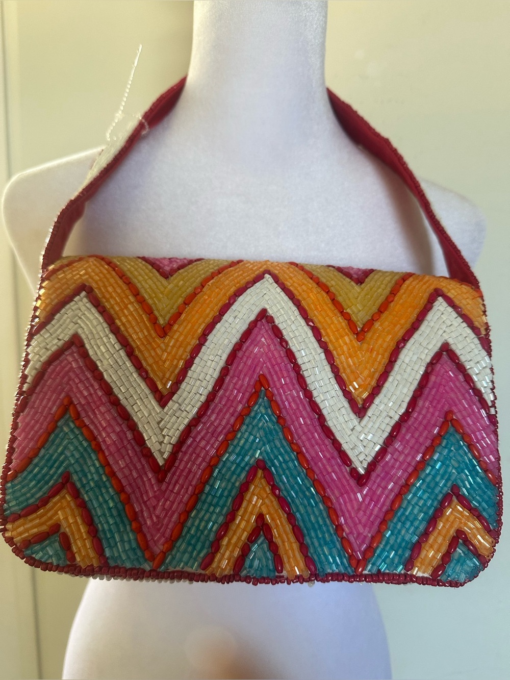 Studio 12 Hand Beaded Chevron Shoulder Bag Pink Orange Blue Multicolor